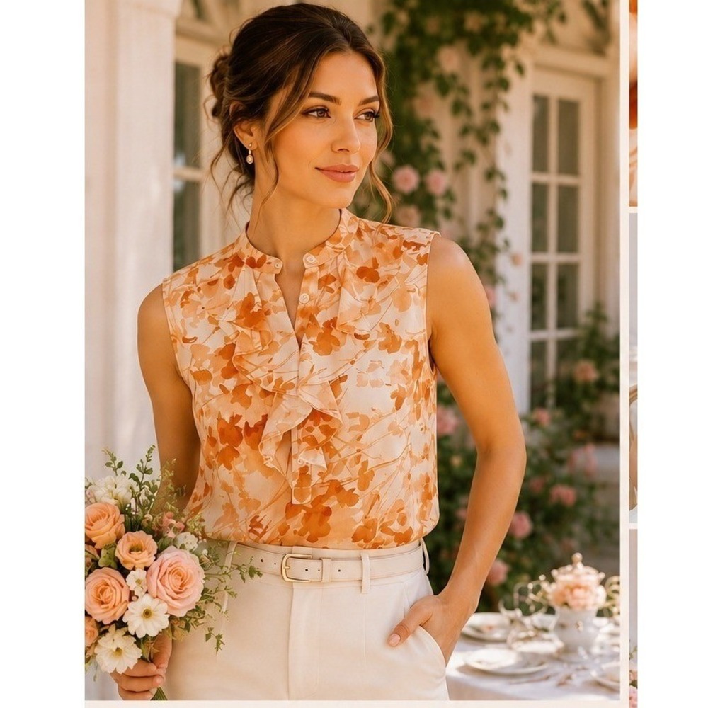 Talbots Petite Floral Ruffle Blouse Size 2 Orange Watercolor Sleeveless Top